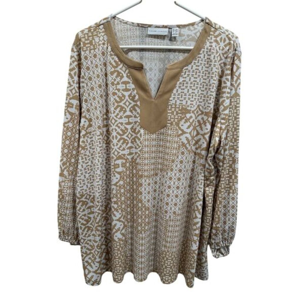 Susan Graver Women's 2XP Beige Geometric V-Neck Blouse Top Liquid knit